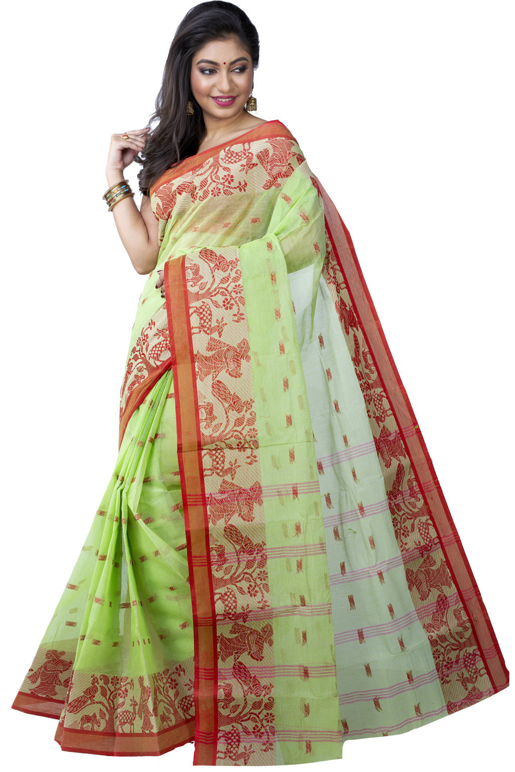 Olive Green Pure Cotton ParSakuntala Tant Saree (534)